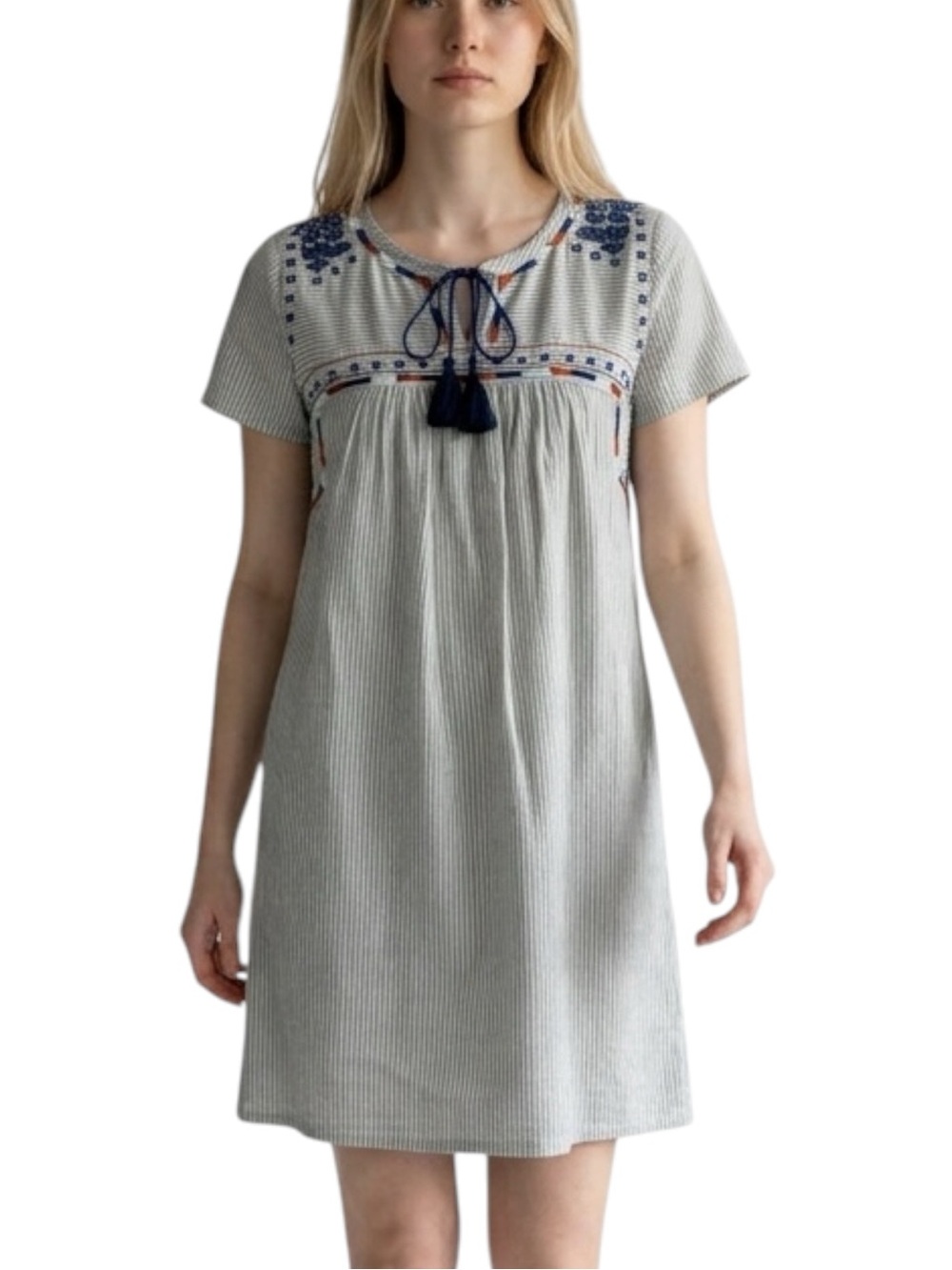 THML Tassel Embroidered 100% Cotton Striped Dress Bohemian Size XS